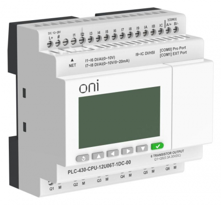 Изображение Модуль ЦПУ ПЛК 430 4 DI 6 UI (0-10В/DI) 2 UI (0-10В/0-20мА/DI) 6 TO 24В DC с Ethernet портом с экраном ONI PLC-430-CPU-12U06T-1DC-00