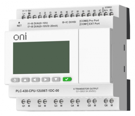 Изображение Модуль ЦПУ ПЛК 430 4 DI 6 UI (0-10В/DI) 2 UI (0-10В/0-20мА/DI) 6 TO 24В DC с Ethernet портом с экраном ONI PLC-430-CPU-12U06T-1DC-00