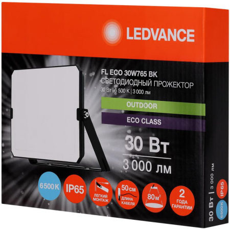 Изображение Прожектор светодиодный СДО FL ECO 30W 765 G4 уличный матов. стекло алюм. черн. LEDVANCE 4099854400094