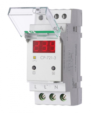 Реле напряжения CP-721-3 40А контроль напряжения: нижн. порог 140-210В верхн. порог 240-300В цифров. индикация напряжения 2мод. монтаж на DIN-рейку возможность пломбировки панели управления F&F EA04.009.021