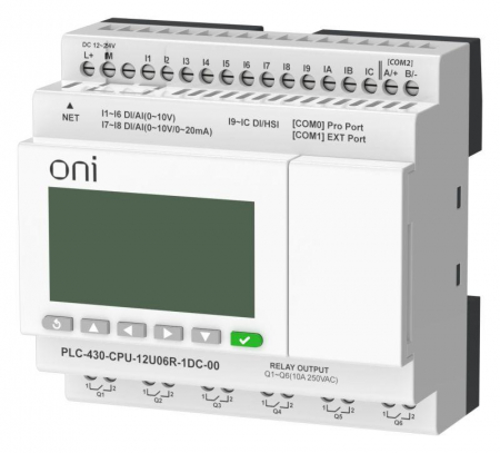 Изображение Модуль ЦПУ ПЛК 430 4 DI 6 UI (0-10В/DI) 2 UI (0-10В/0-20мА/DI) 6 RO 24В DC с Ethernet портом с экраном ONI PLC-430-CPU-12U06R-1DC-00