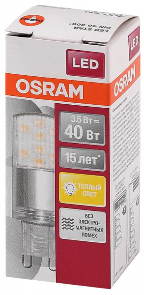 Изображение Лампа светодиодная LED STAR PIN40 3.5W/827 (замена 40Вт) 3.5Вт 2700К тепл. бел. G9 400лм 220-240В прозр. пласт. OSRAM 4058075315822