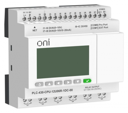 Изображение Модуль ЦПУ ПЛК 430 4 DI 6 UI (0-10В/DI) 2 UI (0-10В/0-20мА/DI) 6 RO 24В DC с Ethernet портом с экраном ONI PLC-430-CPU-12U06R-1DC-00