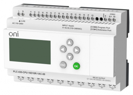 Изображение Модуль ЦПУ ПЛК 430 16 DI 10 RO 220В AC с Ethernet портом с экраном ONI PLC-430-CPU-16D10R-1AC-00