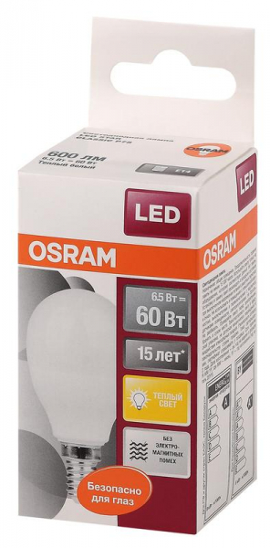 Изображение Лампа светодиодная LED Star Classic P 60 6.5W/830 6.5Вт шар матовая 3000К тепл. бел. E14 550лм 220-240В пластик. OSRAM 4058075134294