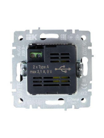 Изображение Розетка BRITE USB A+A 3.1А РЮ10-1-БрЧ механизм черн. IEK BR-U21-D31-K02
