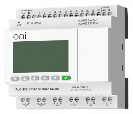 Изображение Модуль ЦПУ ПЛК 430 12 DI 6 RO 220В AC с Ethernet портом с экраном ONI PLC-430-CPU-12D06R-1AC-00