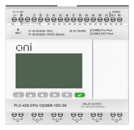 Изображение Модуль ЦПУ ПЛК 430 4 DI 6 UI (0-10В/DI) 2 UI (0-10В/0-20мА/DI) 6 RO 24В DC с Ethernet портом с экраном ONI PLC-430-CPU-12U06R-1DC-00