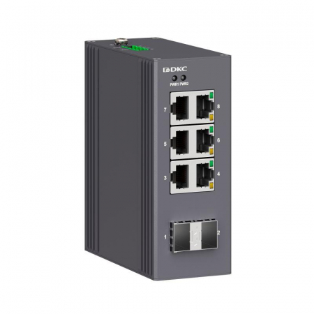 Коммутатор промышленный неуправляемый 2х100Base-X SFP слотов: 6х 10/100Base-T(X) портов RJ45 12-48В DC/18-30В AC с резервированием DKC N1000-2SFP6T-P2