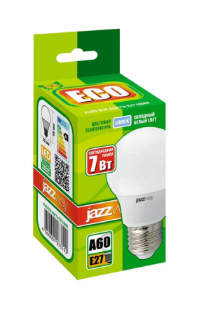Изображение Лампа светодиодная PLED-ECO 7Вт A60 грушевидная 5000К холод. бел. E27 570лм 230В JazzWay 1033192