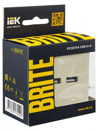 Изображение Розетка BRITE USB A+A 3.1А РЮ10-1-БрКр механизм беж. IEK BR-U21-D31-K10
