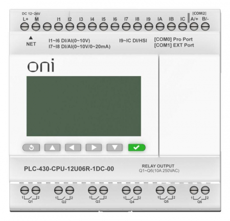 Изображение Модуль ЦПУ ПЛК 430 4 DI 6 UI (0-10В/DI) 2 UI (0-10В/0-20мА/DI) 6 RO 24В DC с Ethernet портом с экраном ONI PLC-430-CPU-12U06R-1DC-00