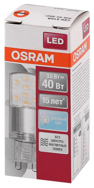 Изображение Лампа светодиодная LED Star PIN40 3.5W/840 3.5Вт прозрачная 4000К нейтр. бел. G9 400лм 220-240В пластик. (замена 40Вт) OSRAM 4058075315853