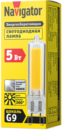 Изображение Лампа светодиодная 61 492 NLL-G-G9-5-230-4K 5Вт прозрачная 4000К нейтр. бел. G9 500лм 220-240В Navigator 61492